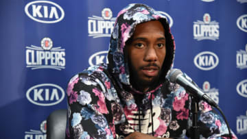 LOS ANGELES, CA - OCTOBER 22: Kawhi Leonard #2 of the LA Clippers talks to the media during a press conference after the game against the Los Angeles Lakers on October 22, 2019 at STAPLES Center in Los Angeles, California. NOTE TO USER: User expressly acknowledges and agrees that, by downloading and/or using this Photograph, user is consenting to the terms and conditions of the Getty Images License Agreement. Mandatory Copyright Notice: Copyright 2019 NBAE (Photo by Andrew D. Bernstein/NBAE via Getty Images)