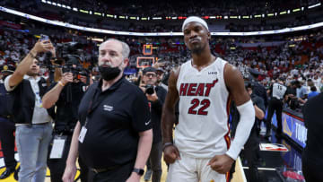 Jimmy Butler #22 of the Miami Heat celebrates after defeating the Boston Celtics in Game One (Photo by Michael Reaves/Getty Images)