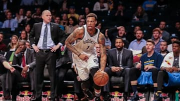 Feb 8, 2016; Brooklyn, NY, USA; Brooklyn Nets forward Chris McCullough (1) drives to the basket during the 2nd half against the Denver Nuggets at Barclays Center. The Nets won, 105-104. Mandatory Credit: Vincent Carchietta-USA TODAY Sports