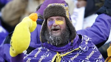 Jan 10, 2016; Minneapolis, MN, USA; A fan of the Minnesota Vikings cheers in the third quarter of a NFC Wild Card playoff football game against the Seattle Seahawks at TCF Bank Stadium. Mandatory Credit: Bruce Kluckhohn-USA TODAY Sports