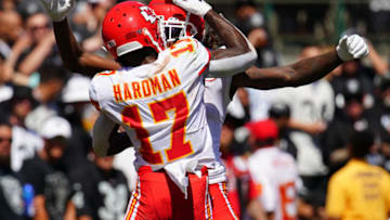 OAKLAND, CALIFORNIA - SEPTEMBER 15: Demarcus Robinson #11 of the Kansas City Chiefs celebrates a touchdown with Mecole Hardman #17 during the second quarter against the Oakland Raiders at RingCentral Coliseum on September 15, 2019 in Oakland, California. (Photo by Daniel Shirey/Getty Images)