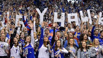 LAWRENCE, KANSAS - FEBRUARY 09: Kansas Jayhawks fans cheer for their team during a game against the Oklahoma State Cowboys in the first half at Allen Fieldhouse on February 09, 2019 in Lawrence, Kansas. (Photo by Ed Zurga/Getty Images)