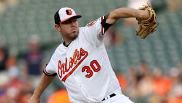 BALTIMORE, MD - JULY 17: Starting pitcher Chris Tillman #30 of the Baltimore Orioles works the first inning against the Texas Rangers at Oriole Park at Camden Yards on July 17, 2017 in Baltimore, Maryland. (Photo by Patrick Smith/Getty Images)