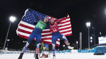 PYEONGCHANG-GUN, SOUTH KOREA - FEBRUARY 21: Jessica Diggins of USA and Kikkan Randall of USA celebrates their gold during the women's Cross Country Team Sprint Free Technique at Alpensia Cross-Country Centre on February 21, 2018 in Pyeongchang-gun, South Korea. (Photo by Nils Petter Nilsson/Getty Images)