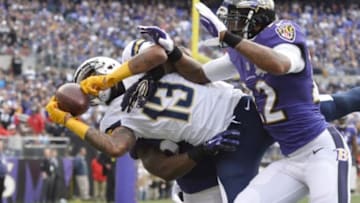 Nov 1, 2015; Baltimore, MD, USA; San Diego Chargers wide receiver Keenan Allen (13) catches the ball for a touchdown between Baltimore Ravens free safety Kendrick Lewis (23) and cornerback Jimmy Smith (22) during the second quarter at M&T Bank Stadium. Mandatory Credit: Tommy Gilligan-USA TODAY Sports