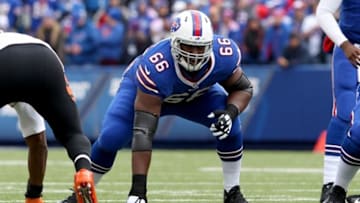 Oct 18, 2015; Orchard Park, NY, USA; Buffalo Bills tackle Seantrel Henderson (66) against the Cincinnati Bengals at Ralph Wilson Stadium. Mandatory Credit: Timothy T. Ludwig-USA TODAY Sports