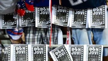 Aug 3, 2014; Canton, OH, USA; Signage boycotting Bon Jovi from buying the Buffalo Bills during the third quarter of the 2014 Pro Football Hall of Fame game at Fawcett Stadium. Mandatory Credit: Andrew Weber-USA TODAY Sports
