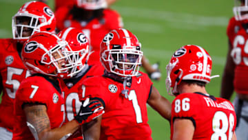 ATHENS, GA - OCTOBER 03: George Pickens #1 of the Georgia Bulldogs reacts with teammates after a touchdown during the second quarter of a game against the Auburn Tigers at Sanford Stadium on October 3, 2020 in Athens, Georgia. (Photo by Todd Kirkland/Getty Images)