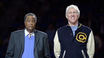 Mar 2, 2014; Los Angeles, CA, USA; UCLA Bruins former players Jamaal Wilkes (left) and Bill Walton (right) are recognized at halftime of the game against the Oregon State Beavers at Pauley Pavilion. Mandatory Credit: Richard Mackson-USA TODAY Sports