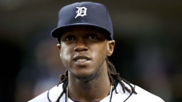 Sep 28, 2016; Detroit, MI, USA; Detroit Tigers center fielder Cameron Maybin (4) smiles before the game against the Cleveland Indians at Comerica Park. Game called for bad weather after 5 innings. Tigers win 6-3. Mandatory Credit: Raj Mehta-USA TODAY Sports