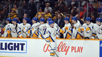 Jan 14, 2023; Nashville, Tennessee, USA; Buffalo Sabres left wing Jeff Skinner (53) celebrates with teammates after a goal during the first period against the Nashville Predators at Bridgestone Arena. Mandatory Credit: Christopher Hanewinckel-USA TODAY Sports