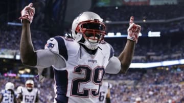 Oct 18, 2015; Indianapolis, IN, USA; New England Patriots running back LeGarrette Blount (29) celebrates after scoring a touchdown against the Indianapolis Colts in the second half during the NFL game at Lucas Oil Stadium. Mandatory Credit: Brian Spurlock-USA TODAY Sports