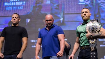 LAS VEGAS, NV - JULY 07: (L-R) Nate Diaz and Conor McGregor pose for a picture during the UFC 202 - Press Conference at TMobile Arena on July 7, 2016 in Las Vegas, Nevada. (Photo by Brandon Magnus/Zuffa LLC/Zuffa LLC via Getty Images)