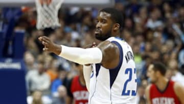 Nov 7, 2015; Dallas, TX, USA; Dallas Mavericks guard Wesley Matthews (23) reacts after hitting a three point shot in the second half against the New Orleans Pelicans at American Airlines Center. Dallas on 107-98. Mandatory Credit: Tim Heitman-USA TODAY Sports