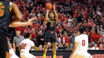 Feb 3, 2016; Lincoln, NE, USA; Maryland Terrapins guard Melo Trimble (2) hits a three point shot against the Nebraska Cornhuskers during the second half at Pinnacle Bank Arena. Maryland defeated Nebraska 70-65. Mandatory Credit: Steven Branscombe-USA TODAY Sports