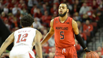LINCOLN, NE - FEBRUARY 6: Eric Ayala #5 of the Maryland Terrapins dribbles on Thomas Allen #12 of the Nebraska Cornhuskers at Pinnacle Bank Arena on February 6, 2019 in Lincoln, Nebraska. (Photo by Steven Branscombe/Getty Images)