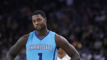 Nov 15, 2014; Oakland, CA, USA; Charlotte Hornets guard Lance Stephenson (1) stands on the court during a break in the action against the Golden State Warriors in the third quarter at Oracle Arena. The Warriors defeated the Hornets 112-87. Mandatory Credit: Cary Edmondson-USA TODAY Sports