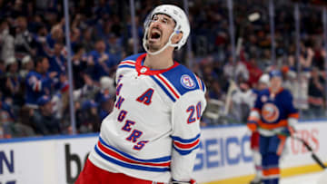 Nov 24, 2021; Elmont, New York, USA; New York Rangers left wing Chris Kreider (20) celebrates his goal against the New York Islanders during the third period at UBS Arena. Mandatory Credit: Brad Penner-USA TODAY Sports