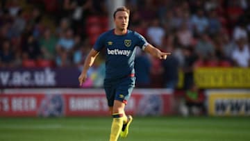 WALSALL, ENGLAND - JULY 25: West Ham captain Mark Noble in action during a friendly match between Aston Villa and West Ham United at Banks' Stadium on July 25, 2018 in Walsall, England. (Photo by Stu Forster/Getty Images)