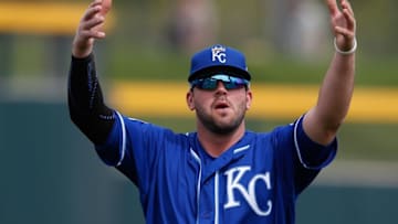 Mar 7, 2016; Mesa, AZ, USA; Kansas City Royals third baseman Mike Moustakas (8) against the Oakland Athletics during a spring training game at HoHoKam Stadium. Mandatory Credit: Rick Scuteri-USA TODAY Sports