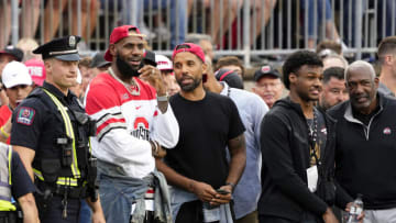 Sep 3, 2022; Columbus, Ohio, USA; LeBron James and his son Bronny James look on before a football game between the Ohio State Buckeyes and Notre Dame Fighting Irish at Ohio Stadium. Mandatory Credit: Kyle Robertson-USA TODAY Sports