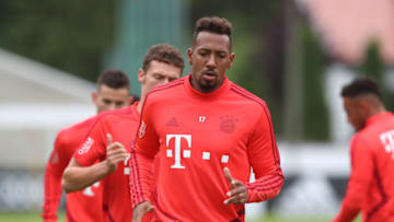 ROTTACH-EGERN, GERMANY - AUGUST 07: Jerome Boateng (front) and Banjamin Pavard of FC Bayern Muenchen practice during a training session at the FC Bayern Muenchen Rottach-Egern training camp on August 07, 2019 in Rottach-Egern, Germany. (Photo by A. Beier/FC Bayern via Getty Images)