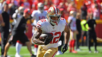 KANSAS CITY, MO - SEPTEMBER 23: Running back Matt Breida #22 of the San Francisco 49ers warms up prior to a game against the Kansas City Chiefs on September 23, 2018 at Arrowhead Stadium in Kansas City, Missouri. (Photo by Peter G. Aiken/Getty Images)