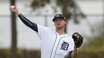 Feb 23, 2016; Lakeland, FL, USA; Detroit Tigers shortstop JaCoby Jones (79) throws during the Detroit Tigers spring training camp at Joker Merchant Stadium. Mandatory Credit: Reinhold Matay-USA TODAY Sports