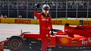 MONTREAL, QUEBEC - JUNE 08: Pole position qualifier Sebastian Vettel of Germany and Ferrari celebrates in parc ferme during qualifying for the F1 Grand Prix of Canada at Circuit Gilles Villeneuve on June 08, 2019 in Montreal, Canada. (Photo by Mark Thompson/Getty Images)