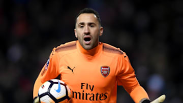 NOTTINGHAM, ENGLAND - JANUARY 07: David Ospina (R) of Arsenal talks to the assistant referee during The Emirates FA Cup Third Round match between Nottingham Forest and Arsenal at City Ground on January 7, 2018 in Nottingham, England. (Photo by Laurence Griffiths/Getty Images)