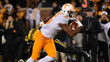 COLUMBIA, MISSOURI - NOVEMBER 23: Wide receiver Jauan Jennings #15 of the Tennessee Volunteers goes in for a touchdown against defensive lineman Kobie Whiteside #78 of the Missouri Tigers in the second quarter at Faurot Field/Memorial Stadium on November 23, 2019 in Columbia, Missouri. (Photo by Ed Zurga/Getty Images)