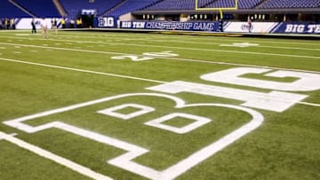 Dec 5, 2015; Indianapolis, IN, USA; A Big Ten logo on the field before the Big Ten Conference football championship game between the Iowa Hawkeyes and the Michigan State Spartans at Lucas Oil Stadium. Mandatory Credit: Aaron Doster-USA TODAY Sports