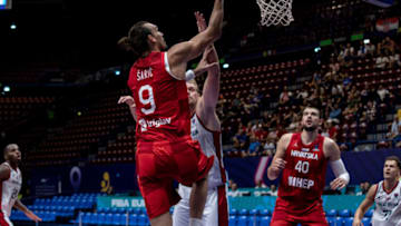 MILAN, ITALY - SEPTEMBER 03: Dario Saric, #9 of Croatia, shooots the ball during the FIBA EuroBasket 2022 group C match between Great Britain and Croatia at Forum di Assago on September 03, 2022 in Milan, Italy. (Photo by Emanuele Cremaschi/Getty Images)