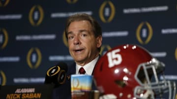 January 10, 2016; Scottsdale, AZ, USA; Alabama Crimson Tide head coach Nick Saban speaks to media in advance of the College Football Playoff championship at JW Marriott Camelback Inn. Mandatory Credit: Erich Schlegel-USA TODAY Sports