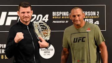 MANCHESTER, ENGLAND - OCTOBER 06: (L-R) Opponents Michael Bisping of England and Dan Henderson pose for photos during the UFC 204 Ultimate Media Day at Manchester Central on October 6, 2016 in Manchester, England. (Photo by Josh Hedges/Zuffa LLC/Zuffa LLC via Getty Images)