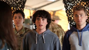 Superman & Lois -- "Through The Valley of Death" -- Image Number: SML112a_0344r.jpg -- Pictured (L-R): Alexander Garfin as Jordan Kent and Jordan Elsass as Jonathan Kent-- Photo: Bettina Strauss/The CW -- © 2021 The CW Network, LLC. All Rights Reserved