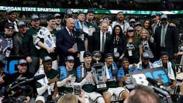 CHICAGO, ILLINOIS - MARCH 17: The Michigan State Spartans pose for photos after beating the Michigan Wolverines 65-60 in the championship game of the Big Ten Basketball Tournament at the United Center on March 17, 2019 in Chicago, Illinois. (Photo by Jonathan Daniel/Getty Images)