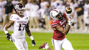 Nov 7, 2020; Columbia, South Carolina, USA; South Carolina Gamecocks wide receiver Jalen Brooks (81) has a long pass go off his fingertips for an incompletion as Texas A&M Aggies defensive back Jaylon Jones (17) defends in the first quarter at Williams-Brice Stadium. Mandatory Credit: Jeff Blake-USA TODAY Sports