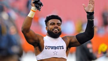 Nov 6, 2016; Cleveland, OH, USA; Dallas Cowboys running back Ezekiel Elliott (21) celebrates after defeating the Cleveland Browns at FirstEnergy Stadium. The Cowboys won 35-10. Mandatory Credit: Aaron Doster-USA TODAY Sports