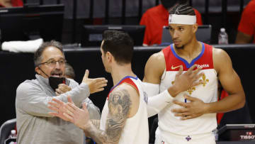 J.J. Redick, Stan Van Gundy and Josh Hart of the New Orleans Pelicans (Photo by Michael Reaves/Getty Images)