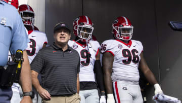 JACKSONVILLE, FLORIDA - OCTOBER 30: head coach Kirby Smart of the Georgia Bulldogs takes the field before the start of a game against the Florida Gators at TIAA Bank Field on October 30, 2021 in Jacksonville, Florida. (Photo by James Gilbert/Getty Images)