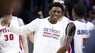 Nov 14, 2016; Auburn Hills, MI, USA; Detroit Pistons forward Stanley Johnson (7) celebrates with guard Kentavious Caldwell-Pope (5) during the fourth quarter against the Oklahoma City Thunder at The Palace of Auburn Hills. Pistons won 104-88. Mandatory Credit: Raj Mehta-USA TODAY Sports
