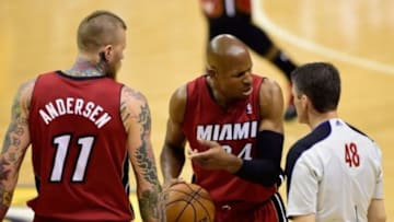 May 18, 2014; Indianapolis, IN, USA;Miami Heat guard Ray Allen (34) argues a call with a referee during the second half of game one of the Eastern Conference Finals of the 2014 NBA Playoffs against the Indiana Pacers at Bankers Life Fieldhouse. Indiana Pacers beat Miami Heat 107 to 96. Mandatory Credit: Marc Lebryk-USA TODAY Sports