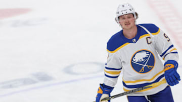 Feb 18, 2021; Washington, District of Columbia, USA; Buffalo Sabres center Jack Eichel (9) skates during warmups prior to the Sabres' game against the Washington Capitals at Capital One Arena. Mandatory Credit: Geoff Burke-USA TODAY Sports