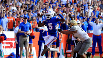 GAINESVILLE, FLORIDA - NOVEMBER 09: Emory Jones #5 of the Florida Gators crosses the goal line for a touchdown during the game against the Vanderbilt Commodores at Ben Hill Griffin Stadium on November 09, 2019 in Gainesville, Florida. (Photo by Sam Greenwood/Getty Images)