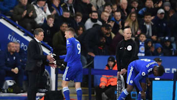 LEICESTER, ENGLAND - DECEMBER 29: Jamie Vardy of leicester City(2L) shakes hands with Claude Puel, Manager of Leicester City after being substituted during the Premier League match between Leicester City and Cardiff City at The King Power Stadium on December 29, 2018 in Leicester, United Kingdom. (Photo by Michael Regan/Getty Images)