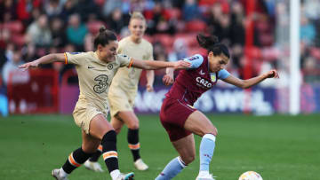 WALSALL, ENGLAND - APRIL 02: Johanna Rytting Kaneryd of Chelsea battles for possession with Kenza Dali of Aston Villa during the FA Women's Super League match between Aston Villa and Chelsea at Poundland Bescot Stadium on April 02, 2023 in Walsall, England. (Photo by Nathan Stirk/Getty Images)