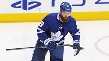 TORONTO, ON - OCTOBER 19: Jake Muzzin #8 of the Toronto Maple Leafs warms up prior to action against the Boston Bruins in an NHL game at Scotiabank Arena on October 19, 2019 in Toronto, Ontario, Canada. The Maple Leafs defeated the Bruins 4-3 in overtime. (Photo by Claus Andersen/Getty Images)