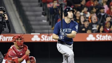 Sep 13, 2016; Anaheim, CA, USA; Seattle Mariners right fielder Seth Smith (7) looks up after hitting a grand slam during the sixth inning against the Los Angeles Angels at Angel Stadium of Anaheim. Mandatory Credit: Richard Mackson-USA TODAY Sports