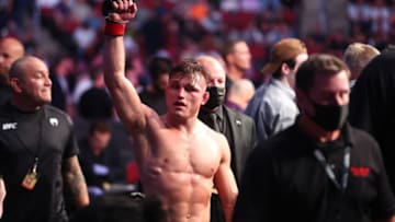 Jun 12, 2021; Glendale, Arizona, USA; Drew Dober reacts following his loss against Brad Riddell during UFC 263 at Gila River Arena. Mandatory Credit: Mark J. Rebilas-USA TODAY Sports